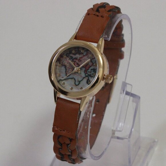 Accutime Ladies Casual Quartz Watch Map Dial Gold Tune Braided Strap 24mm - Picture 4 of 13